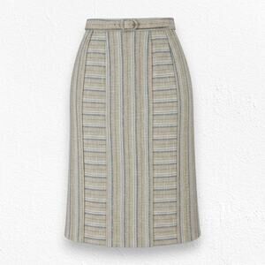Vintage 1950s Beige Striped Tweed Annette Ross High Waisted Belted Skirt Size 2